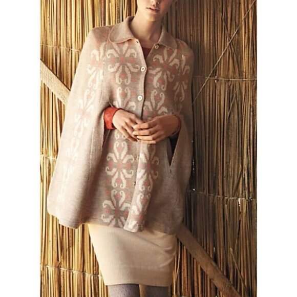 Anthropologie Cape M MADCHEN Poncho FLOWERING POMPONA Sweater Collar Wool - Picture 1 of 10